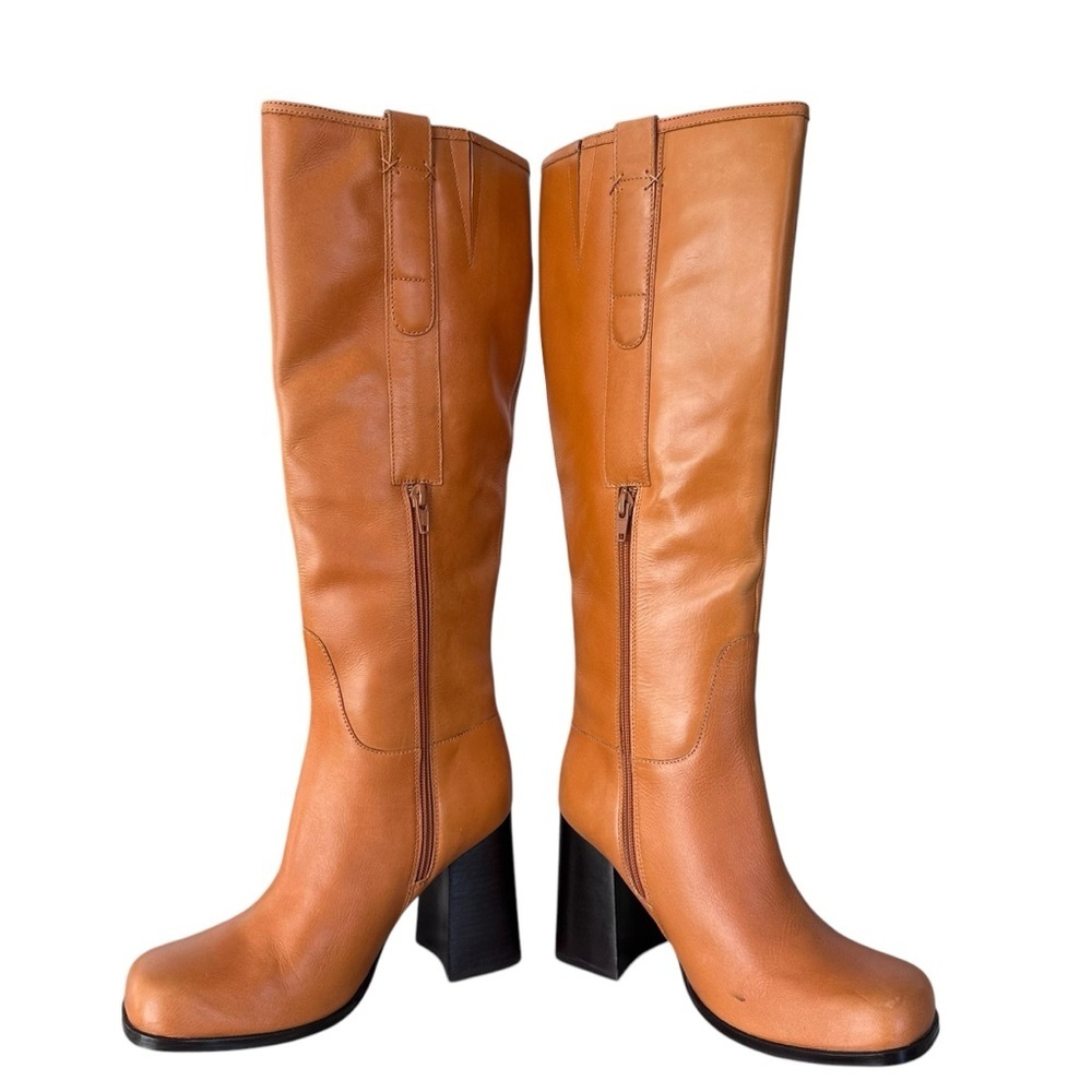 Free People Naomi Leather Square Toe Tall Heel Boots in Tuscan Tan Size 7.5 NWOT - Picture 10 of 16